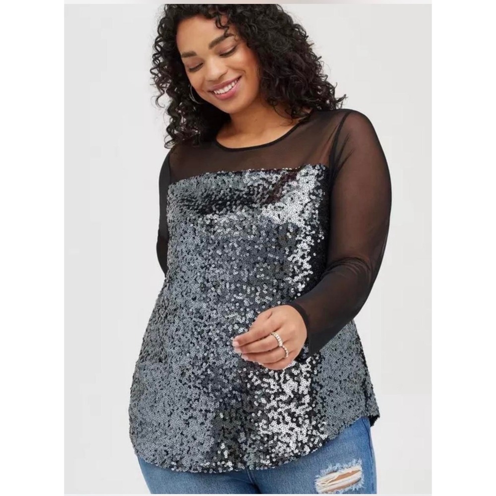 Torrid Black Sequin Mesh Long Sleeve Party Top Plus Size 2 2X 18/20 Keyhole Back